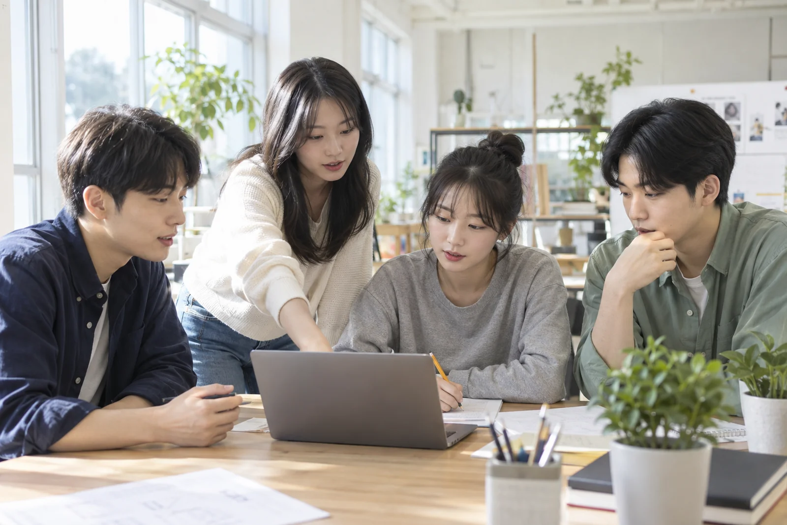 공유 작업 공간에서 자료를 함께 살펴보며 이야기를 나누는 청년들 · AI 연출 이미지
